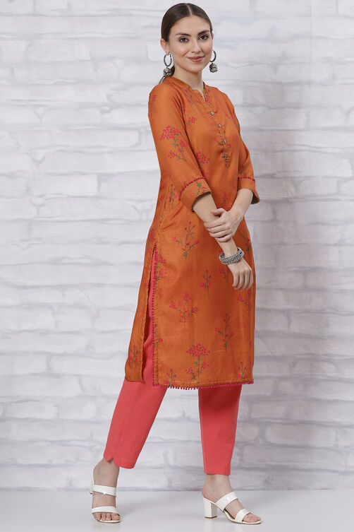 Orange Poly Cotton Straight Kurta image number 3